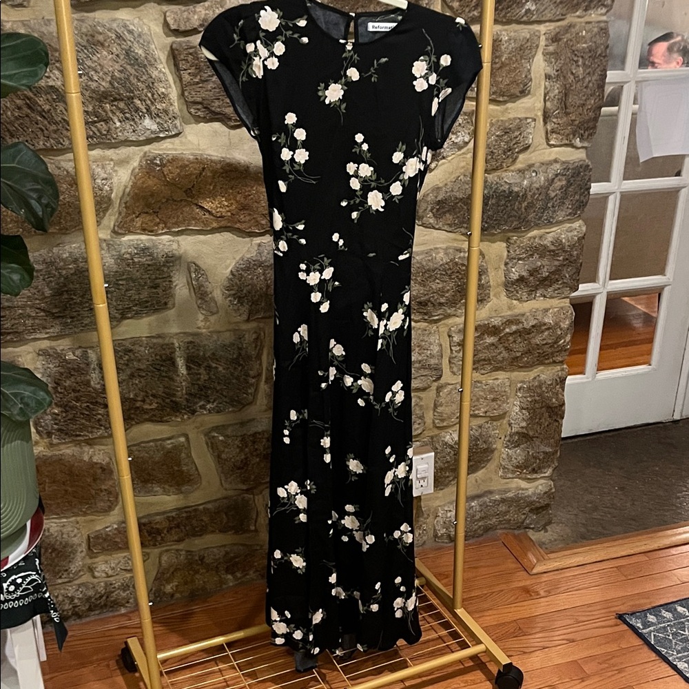 Reformation Black Floral Open Back Side Slit Maxi Dress